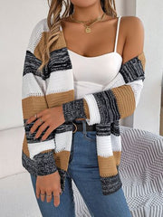 Openwork Striped Open Front Cardigan - Flyclothing LLC