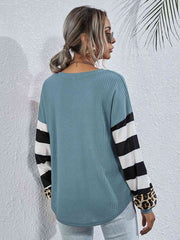 Leopard Striped Waffle-Knit Top - Trendsi