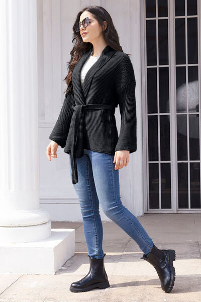 Tied Open Front Long Sleeve Cardigan - Flyclothing LLC