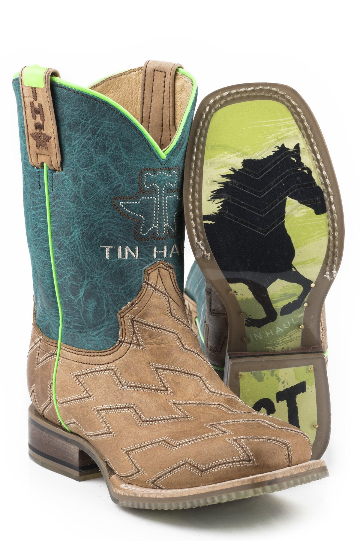 Tin Haul Little Boys Horse Power With Born To Be Fast Sole Oily Leather Tan Stitched Vamp With Crackle Green Upper - Flyclothing LLC