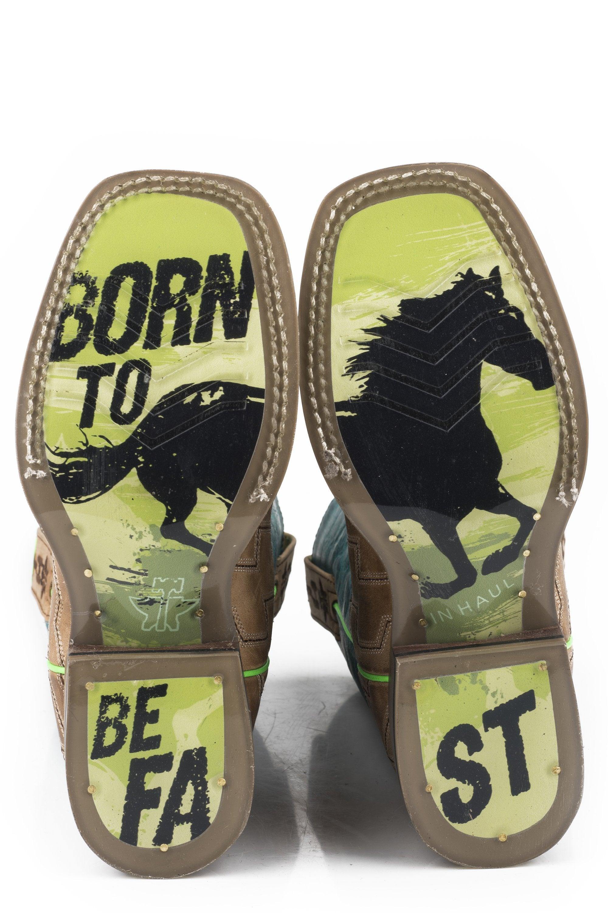 Tin Haul Little Boys Horse Power With Born To Be Fast Sole Oily Leather Tan Stitched Vamp With Crackle Green Upper - Flyclothing LLC