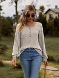 Round Neck Button-Down Long Sleeve Tee - Trendsi