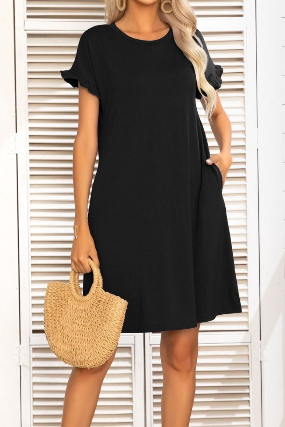 Flounce Sleeve Round Neck Dress with Pockets - Flyclothing LLC