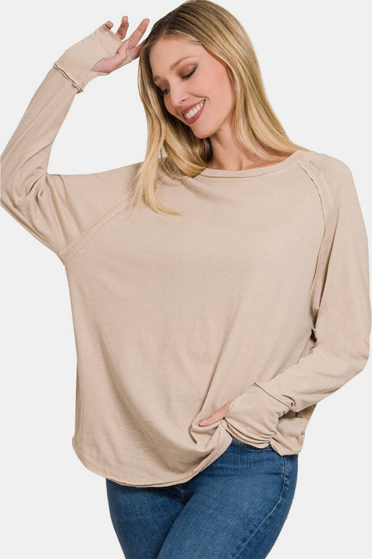 Zenana Round Neck Thumbhole Long Sleeve Top - Flyclothing LLC