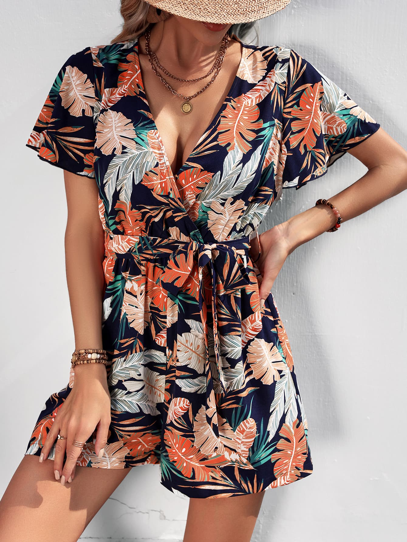 Botanical Print Surplice Neck Tie Waist Romper - Flyclothing LLC