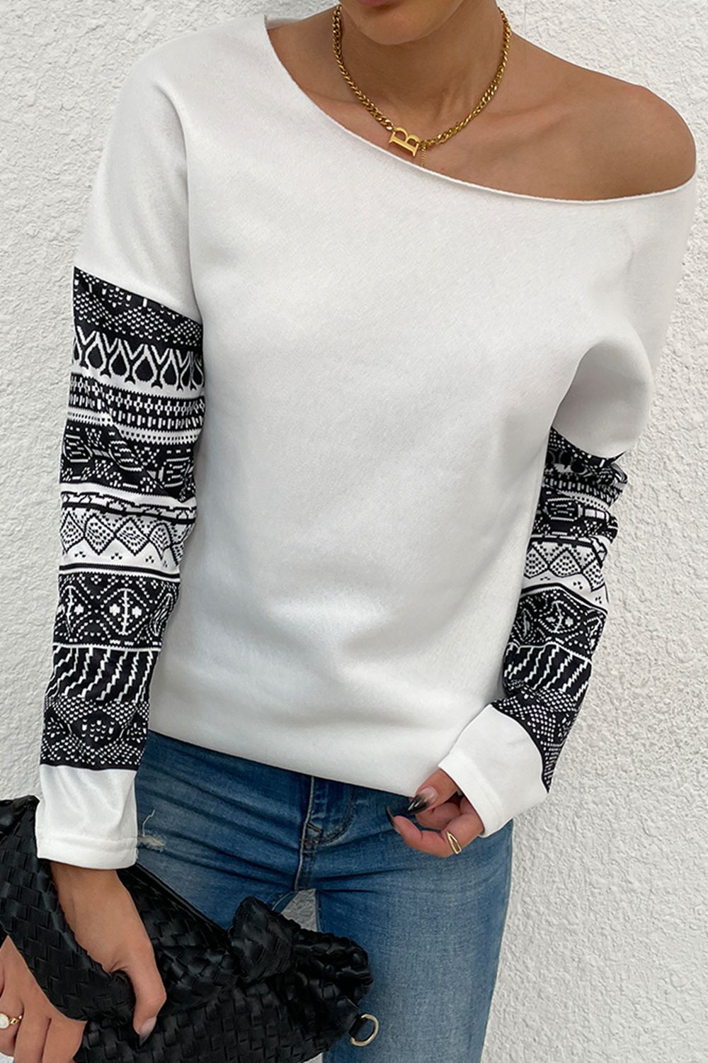 Boat Neck Long Printed Sleeve Blouse - Flyclothing LLC