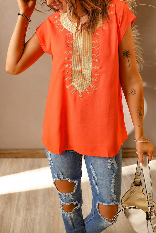 Embroidered Short Sleeve Blouse - Flyclothing LLC