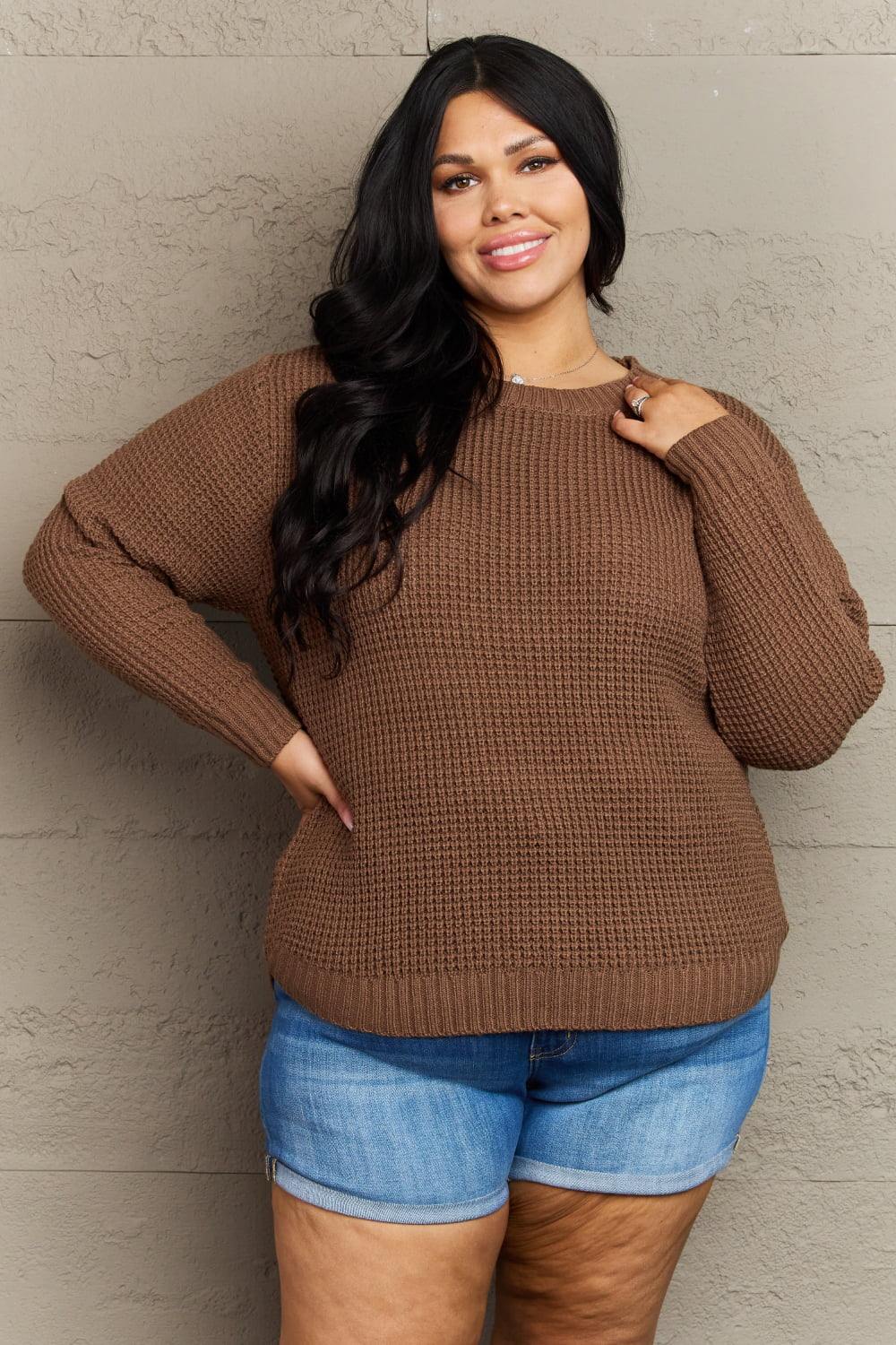 Zenana Breezy Days Plus Size High Low Waffle Knit Sweater - Flyclothing LLC