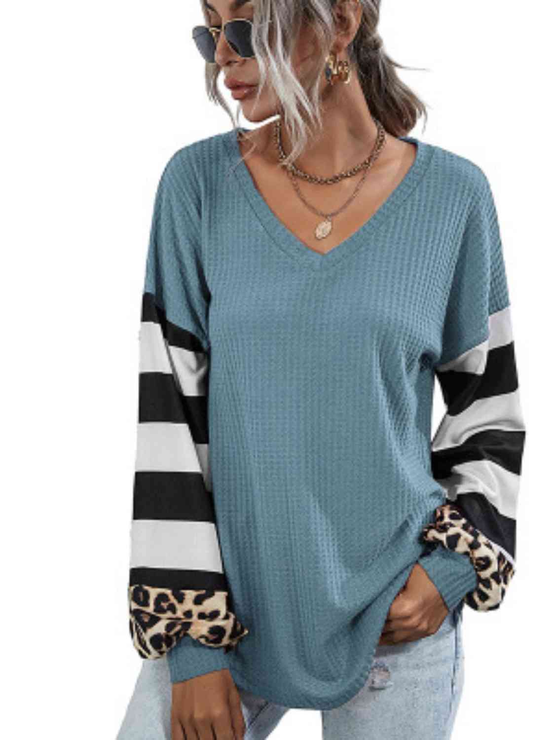 Leopard Striped Waffle-Knit Top - Trendsi