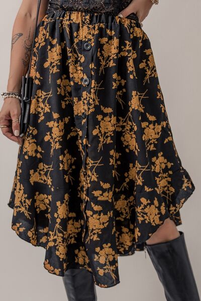 Floral Buttoned Ruffle Hem Skirt - Flyclothing LLC