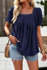 Eyelet Square Neck Puff Sleeve T-Shirt - Flyclothing LLC