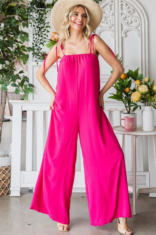 Veveret Pocketed Spaghetti Strap Wide Leg Jumpsuit - Flyclothing LLC