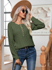 Cable-Knit Round Neck Buttoned Sweater - Trendsi