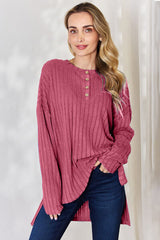 Basic Bae Full Size Ribbed Half Button Long Sleeve High-Low T-Shirt - Flyclothing LLC