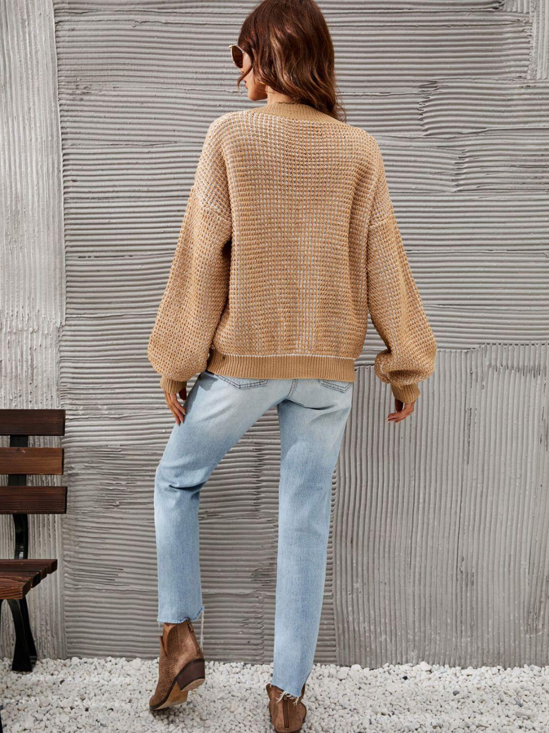 Heathered Lantern Sleeve Cardigan - Trendsi