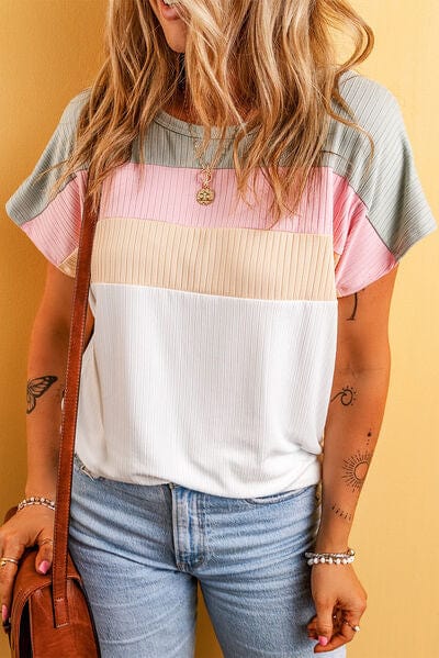 Color Block Round Neck Short Sleeve T-Shirt - Trendsi