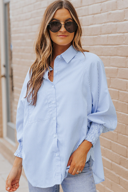 Striped Lantern Sleeve Collared Shirt - Flyclothing LLC