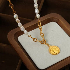 Coin pendant Pearl Titanium Steel Necklace - Trendsi