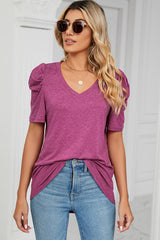 Heathered V-Neck Puff Sleeve T-Shirt - Flyclothing LLC