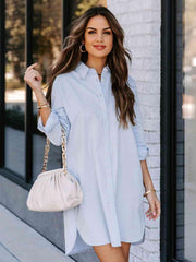 Button Up Collared Neck Long Sleeve Shirt Dress - Trendsi