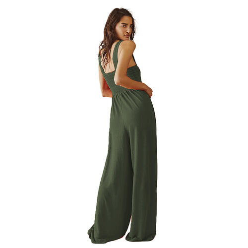 Smocked Wide Strap Jumpsuit - Flyclothing LLC