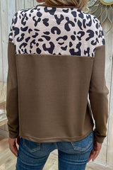 Leopard Buttoned Round Neck Drop Shoulder Top - Flyclothing LLC