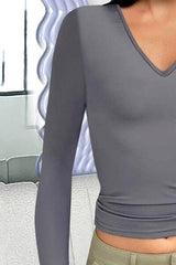 V-Neck Long Sleeve T-Shirt - Trendsi