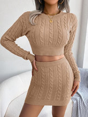 Cable-Knit Round Neck Top and Skirt Sweater Set - Flyclothing LLC