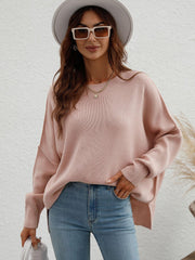 Exposed Seam Dropped Shoulder Slit Sweater - Trendsi