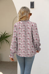 Printed Tie Neck Flounce Sleeve Blouse - Flyclothing LLC