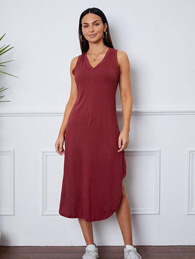 V-Neck Sleeveless Curved Hem Dress - Flyclothing LLC