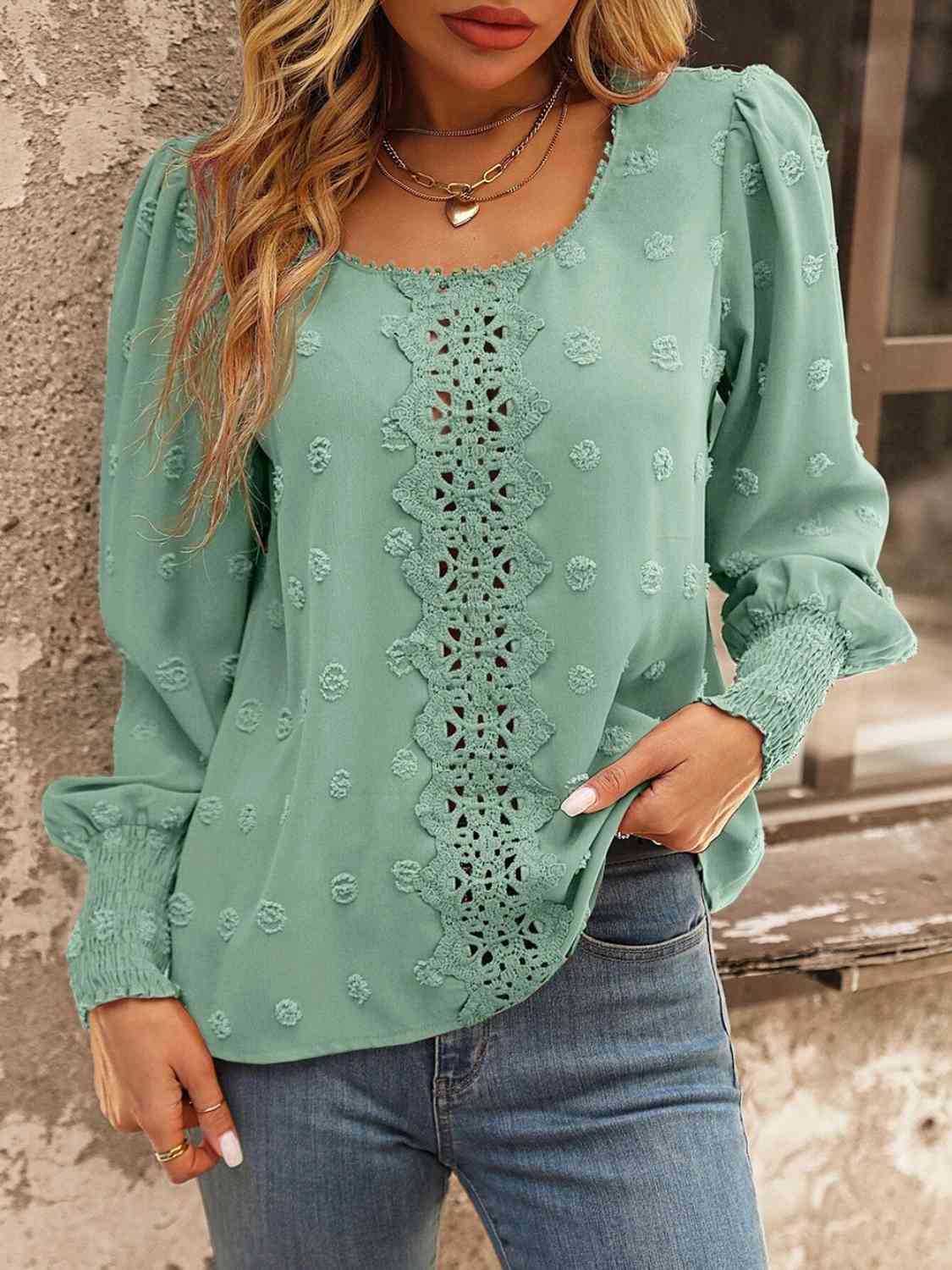 Swiss Dot Lace Detail Blouse - Flyclothing LLC