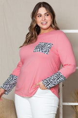 Plus Size Leopard Round Neck Long Sleeve T-Shirt - Flyclothing LLC