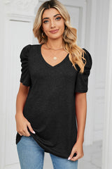 Heathered V-Neck Puff Sleeve T-Shirt - Trendsi