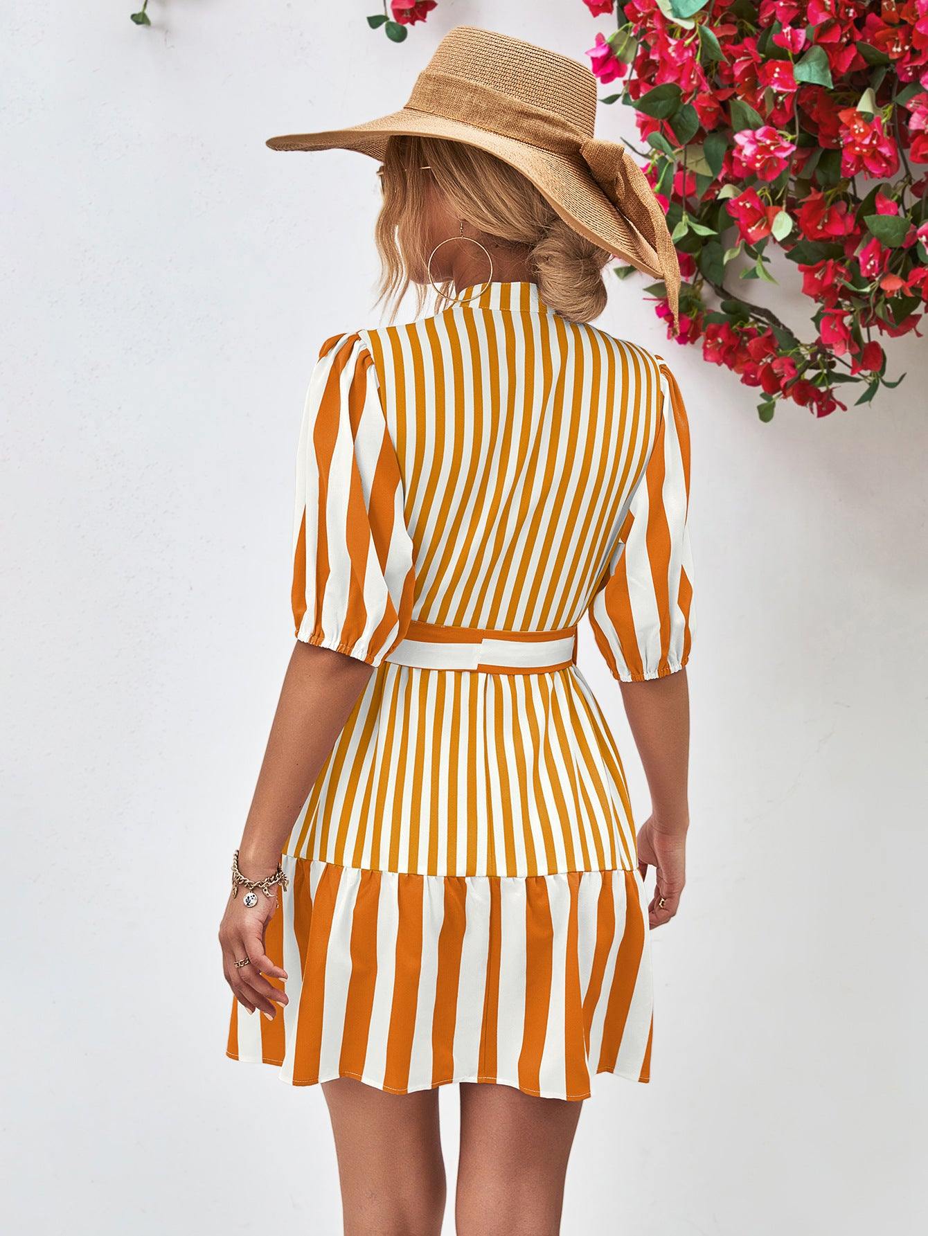 Striped Half Sleeve Tie Waist Mini Dress - Flyclothing LLC