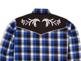 Men's Ely Cattleman Retro Plaid Western Snap Shirt with Embroidery- Royal Blue - Flyclothing LLC