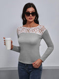 Lace Trim Long Sleeve Round Neck Tee - Trendsi