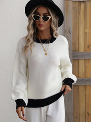 Contrast Trim Drop Shoulder Pullover Sweater - Flyclothing LLC