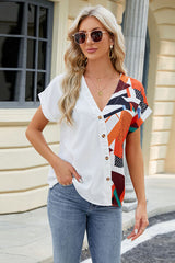 Printed Surplice Short Sleeve Blouse - Flyclothing LLC