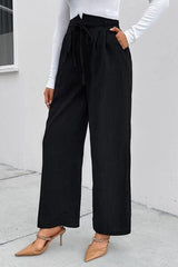 High Waist Ruched Tie Front Wide Leg Pants - Flyclothing LLC