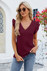 Ruffled V-Neck Cap Sleeve Blouse - Flyclothing LLC