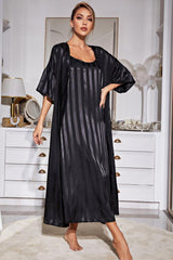 Striped Flounce Sleeve Open Front Robe and Cami Dress Set - Flyclothing LLC