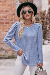 Round Neck Puff Sleeve Ribbed Top - Flyclothing LLC