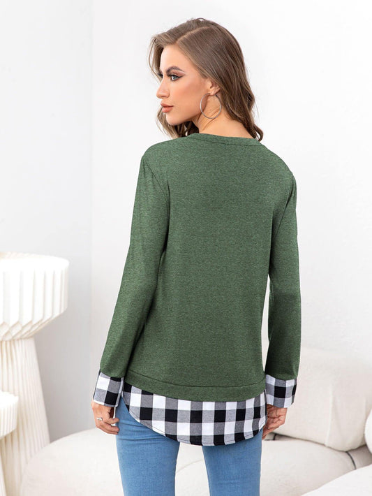 Plaid Round Neck Long Sleeve Tee - Flyclothing LLC