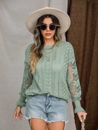 Eyelet Crochet Lantern Sleeve Sweater - Trendsi