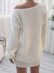 Rib-Knit Balloon Sleeve Boat Neck Sweater Dress - Flyclothing LLC