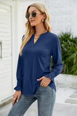 Heathered Flounce Sleeve Curved Hem Top - Trendsi