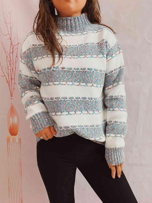 Striped Turtleneck Long Sleeve Sweater - Flyclothing LLC