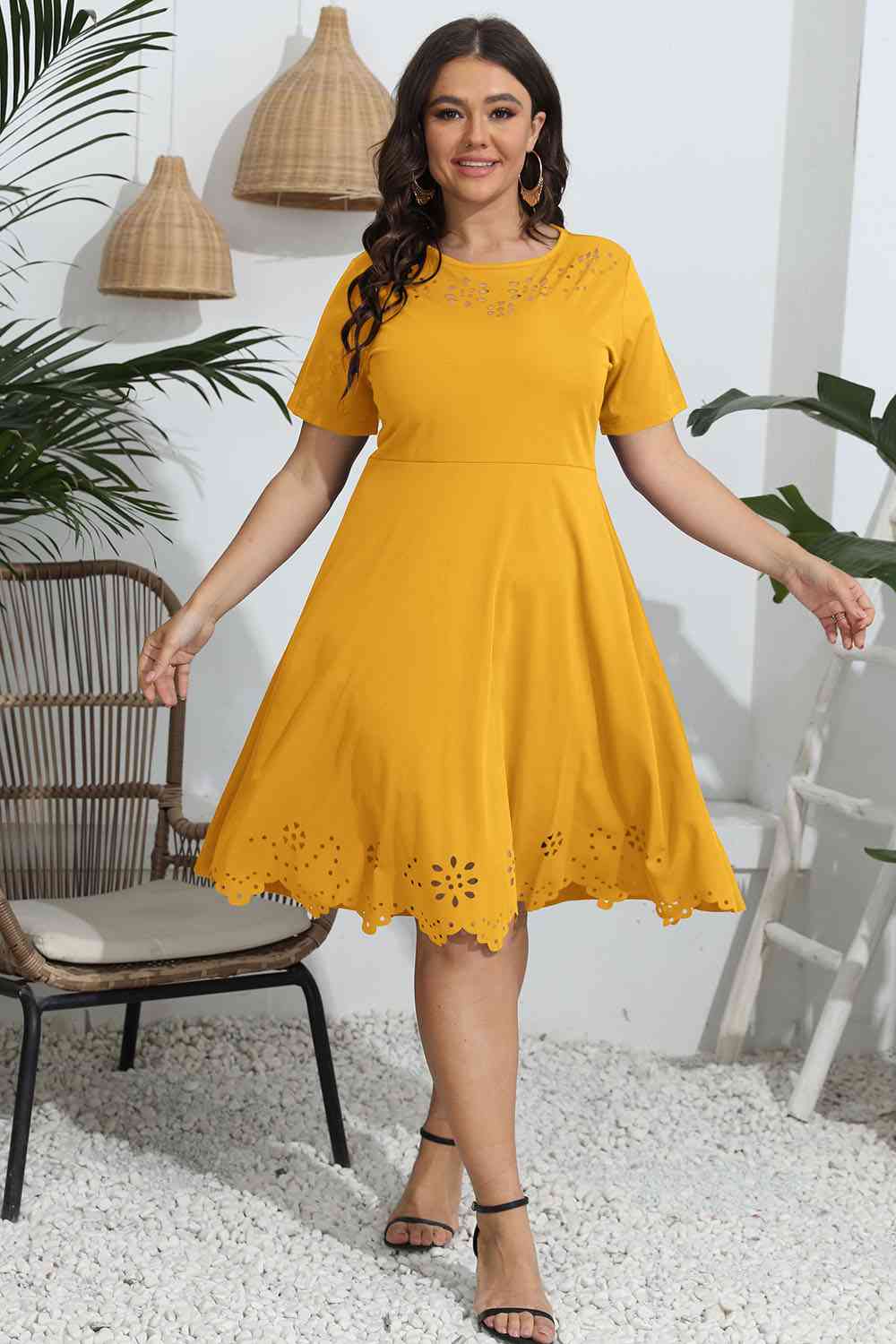 Plus Size Round Neck Openwork Dress - Flyclothing LLC