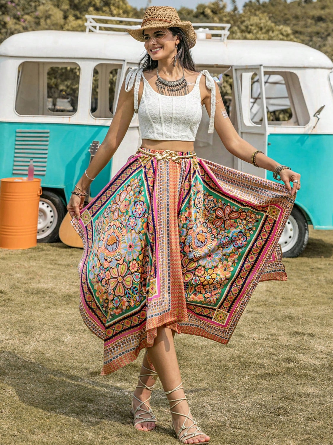 Printed High Waist Handkerchief Hem Skirt - Flyclothing LLC